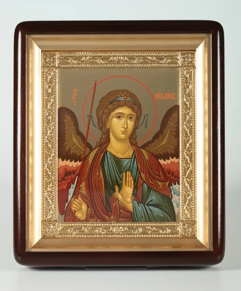 ხატი კიოტში 18×24 ფიგურული, ტემპერა №8, მოოქროვილი ჩარჩო მთავარანგელოზი მიქაელი