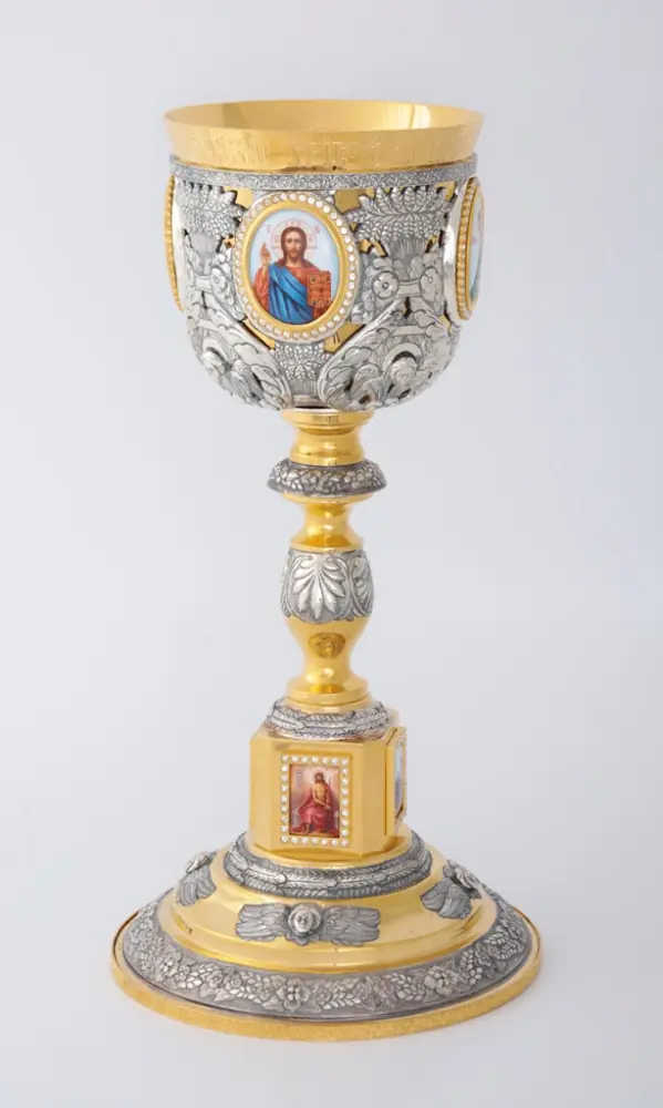 Chalice 1.0 l 8-enamel miniatures, chasing / square enamel miniature on base / gilding / silver