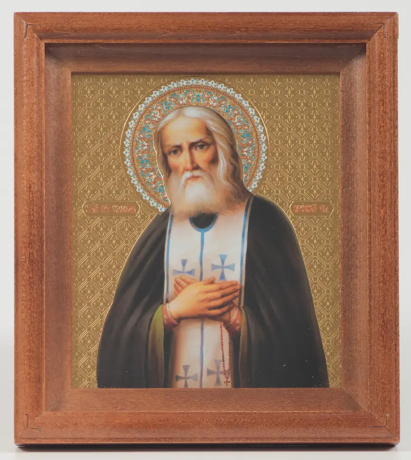 Icon in frame-icon case 13×15 embossing with halo crown Seraphim of Sarov