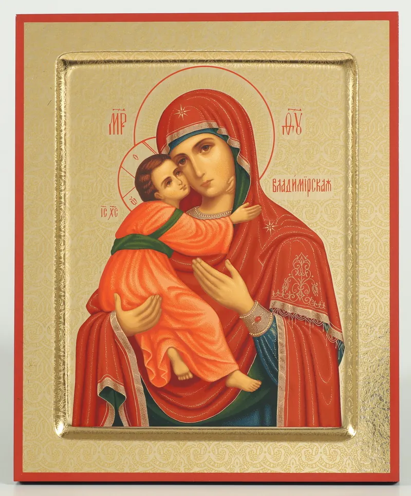Icon on wood 18×24 rolled №8, recessed field, packaging Vladimir Mother of God