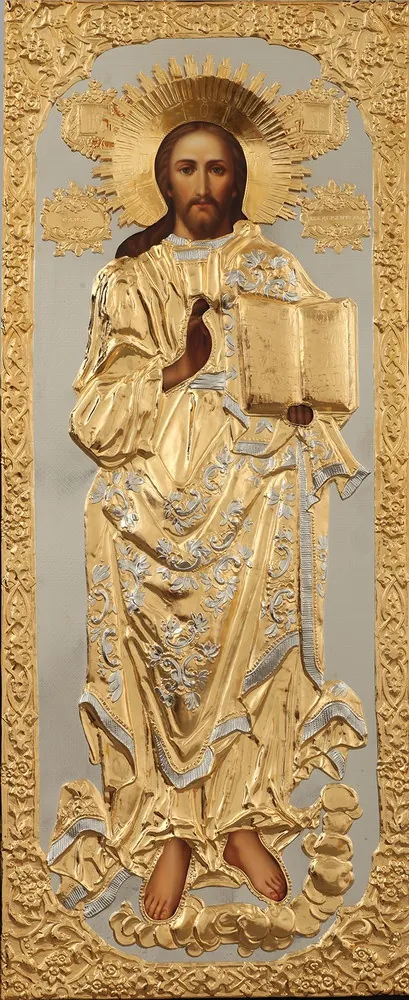Painted icon of the Saviour 50×120, oil, riza cover №158, gilding