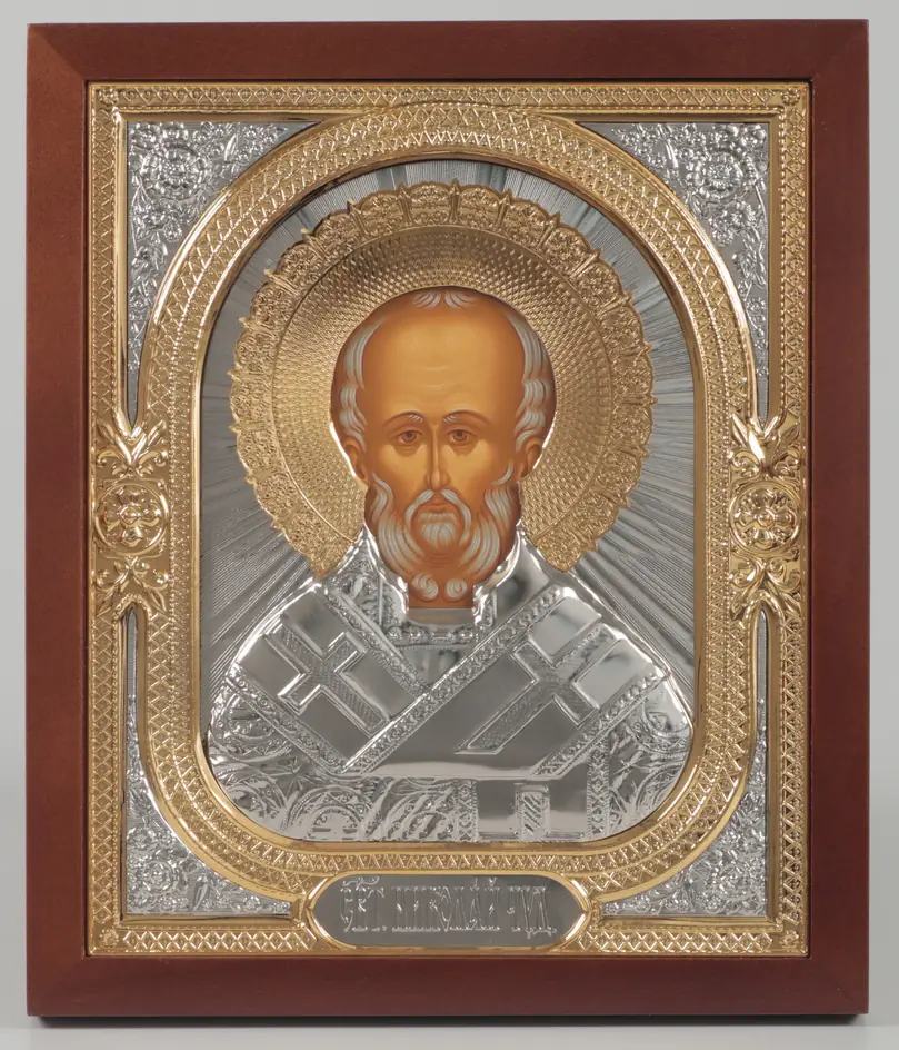 Icon in icon case 18×24 shaped №2 tempera, without stretcher, riza cover, nickel, gilded Nicholas the Wonderworker