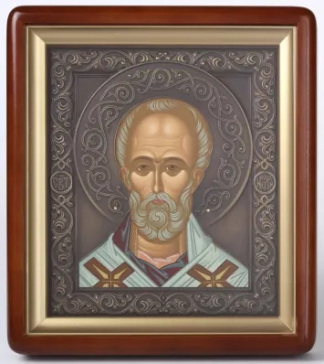 Icon in icon case 18×24 shaped, tempera, patinated riza Nicholas the Wonderworker
