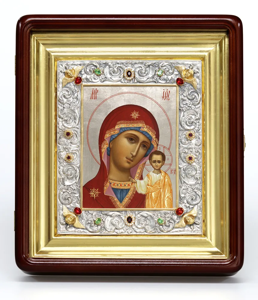 Painted icon in electroformed riza 18 * 24 silver / icon case / Kazan Mother of God