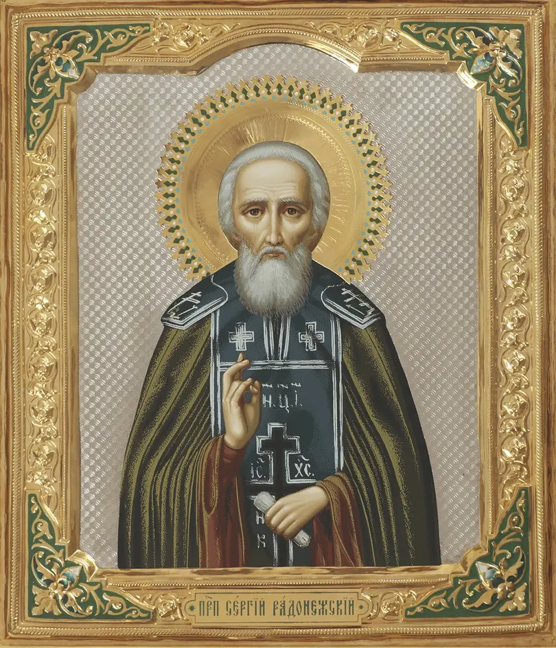 Painted icon of St Sergius of Radonezh 24×30, tempera, riza cover №238, gilding, enamel