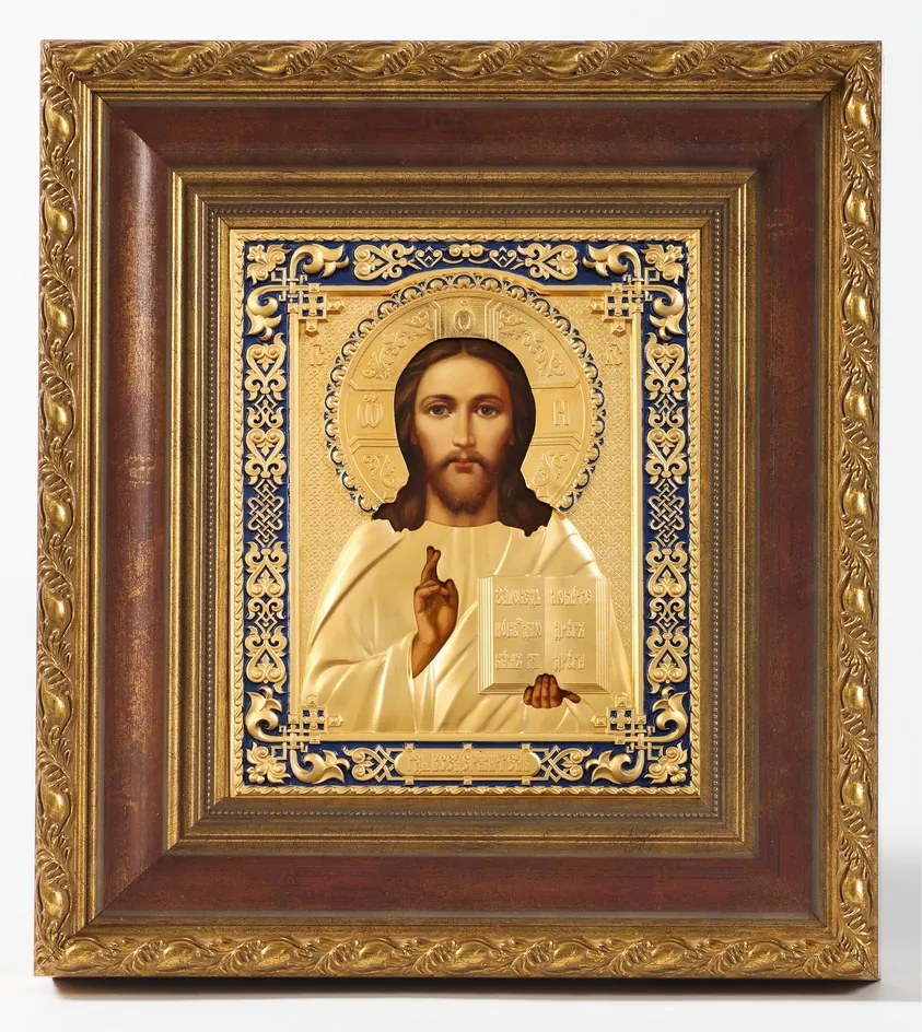 ფერწერული ხატი კიოტში 18×24 ზეთი, მოჭედილობა №242, მქრქალი პრიალა მოოქროვება, მინანქარი, კიოტი №22 მაცხოვარი