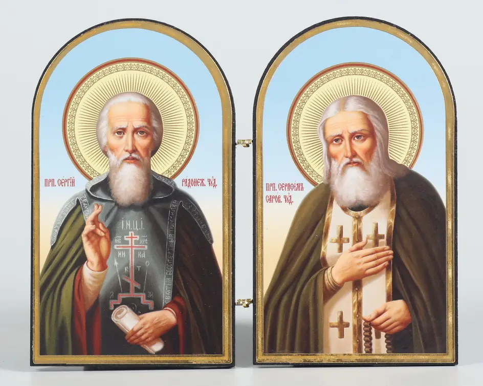 Wooden folding icons 10×12 two-leaf, embossing, arched Sergius of Radonezh and Seraphim of Sarov 2
