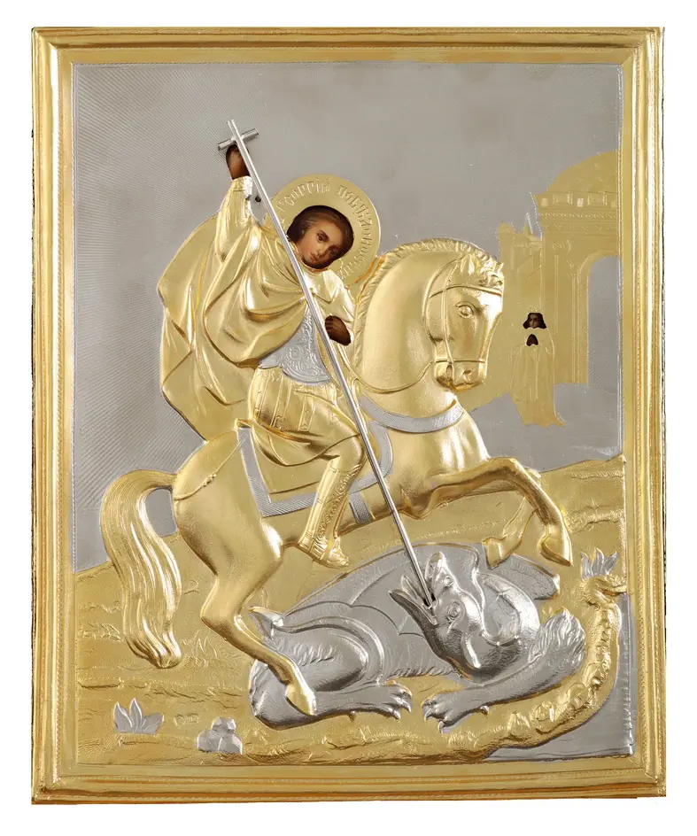 Painted icon of Great Martyr George the Victorious 18×24, oil, riza cover №42, matte gilding