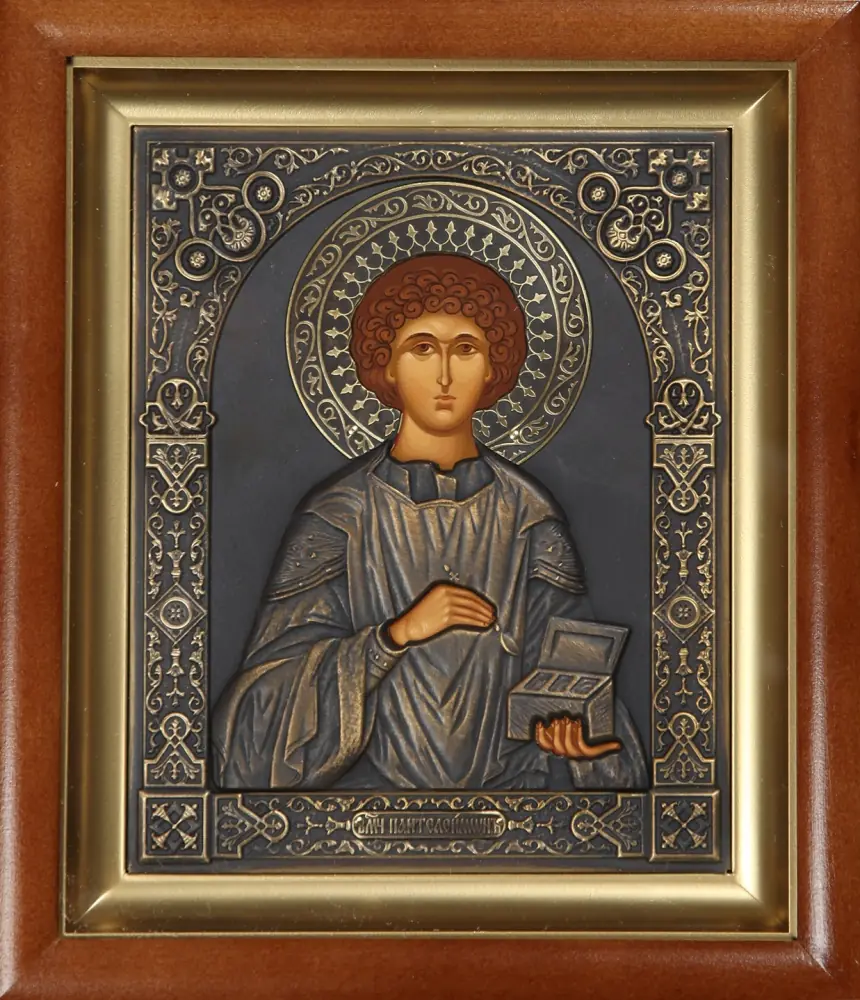 Icon in icon case 15×19 complex, tempera, patinated riza Panteleimon