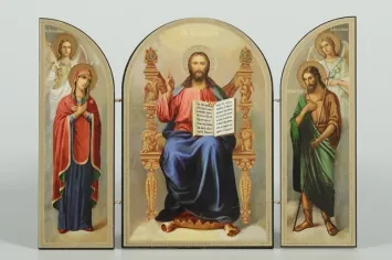 Wooden folding icons 18×24 three-leaf, double embossing, arched, in packaging Mother of God-Saviour-John the Forerunner